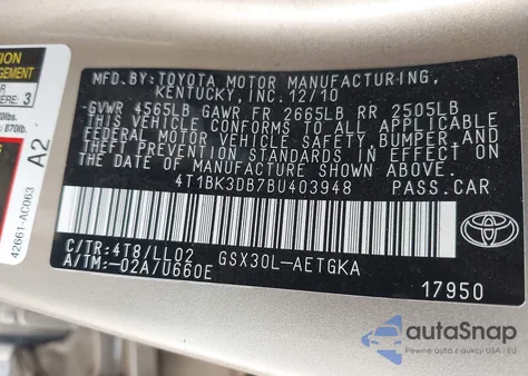 2011 Toyota Avalon z USA, uszkodzony, nr VIN 4T1BK3DB7BU403948
